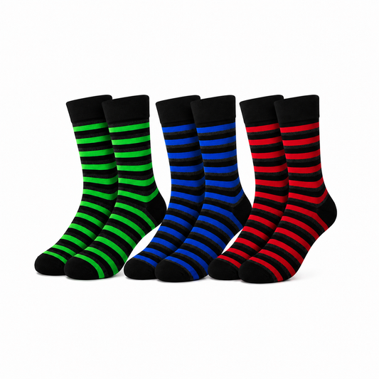 Men's Cotton Crew Socks 3-Pack Striped Green, Blue and Red | Soft Breathable Striped Socks