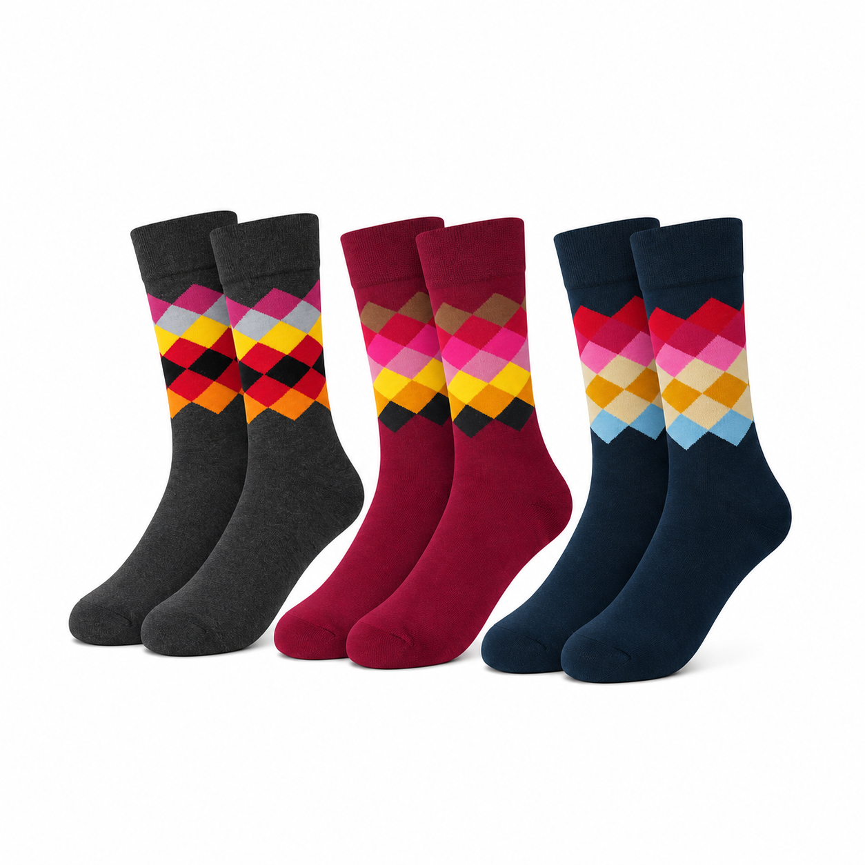 3-Pack Men's Cotton Crew Diamond Grey, Maroon and Blue | Soft Breathable (Copy)