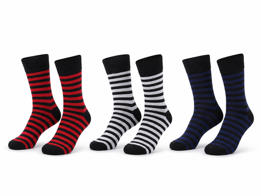 Men's Cotton Crew Red, White and Navy Socks 3-Pack | Soft Breathable Striped Socks